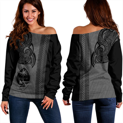 Guam Off Shoulder Sweatshirt Polynesia Tribal Tattoo Grey