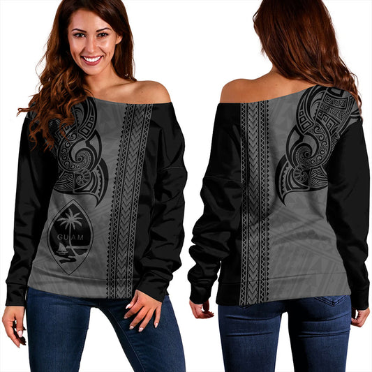 Guam Off Shoulder Sweatshirt Polynesia Tribal Tattoo Grey