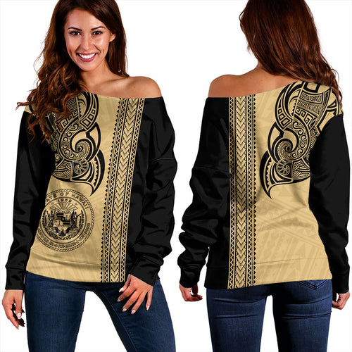 Hawaii Off Shoulder Sweatshirt Polynesia Tribal Tattoo Gold