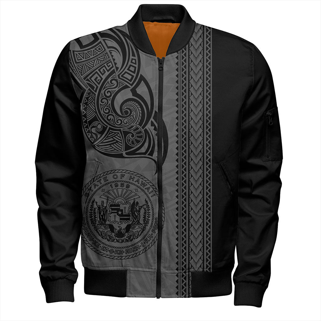 Hawaii Bomber Jacket Polynesia Coat Of Arms Tribal Tattoo Grey