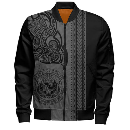 Hawaii Bomber Jacket Polynesia Coat Of Arms Tribal Tattoo Grey