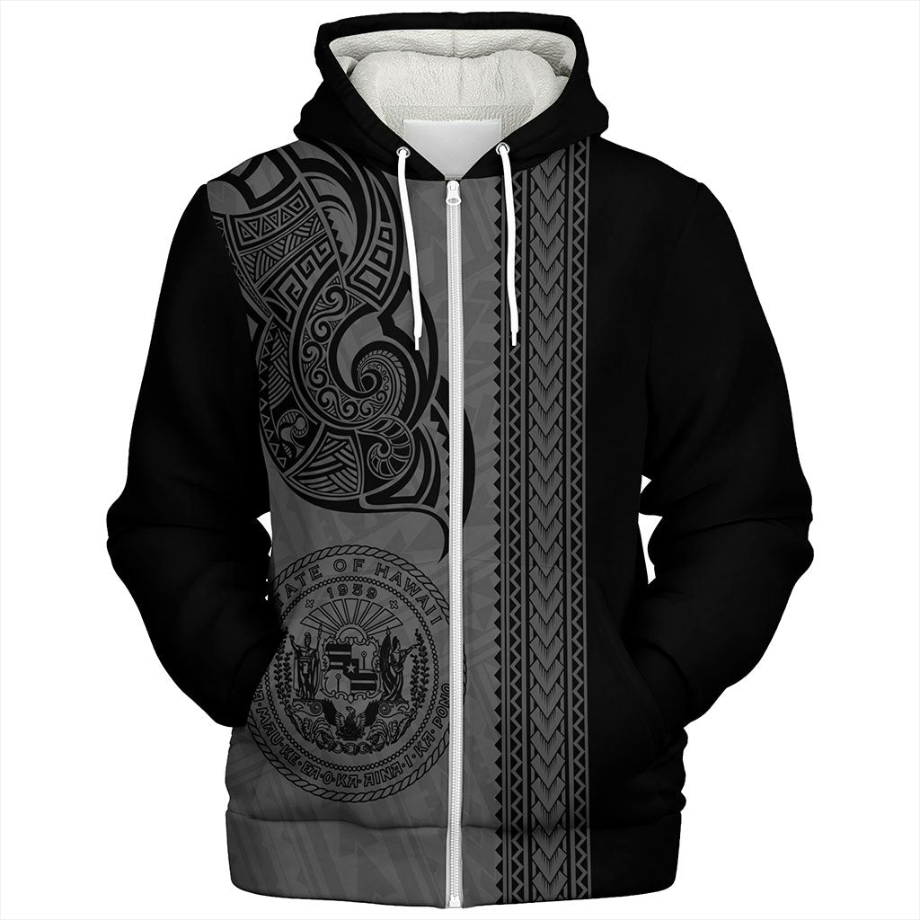 Hawaii Sherpa Hoodie Polynesia Coat Of Arms Tribal Tattoo Grey