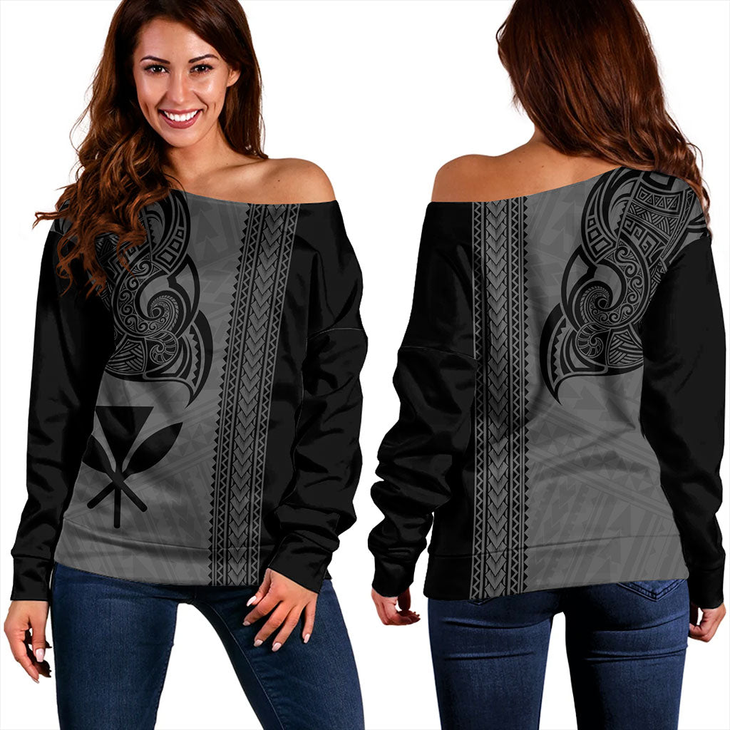 Hawaii Off Shoulder Sweatshirt Polynesia Tribal Tattoo Grey