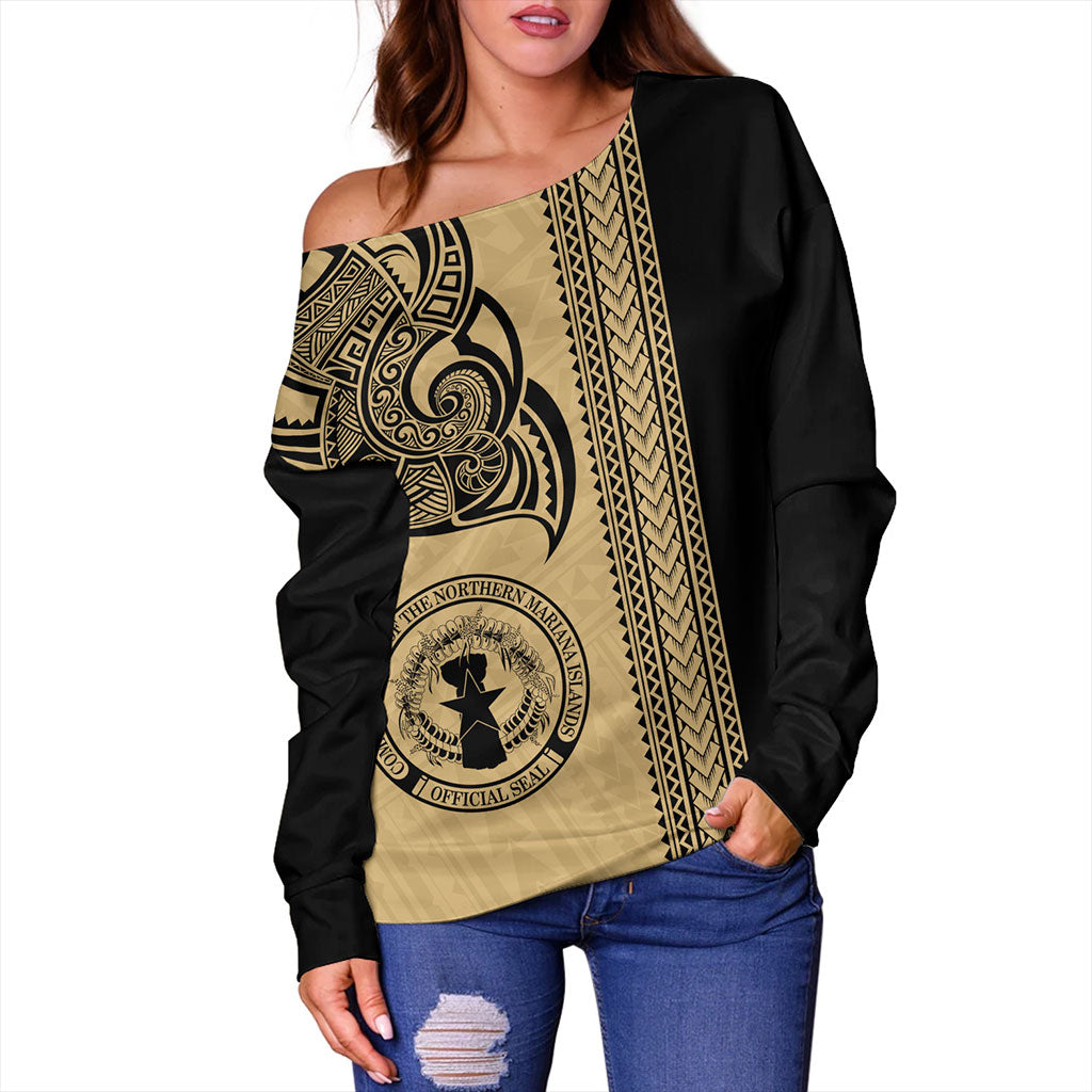 Northern Mariana Islands Off Shoulder Sweatshirt Polynesia Coat Of Arms Tribal Tattoo