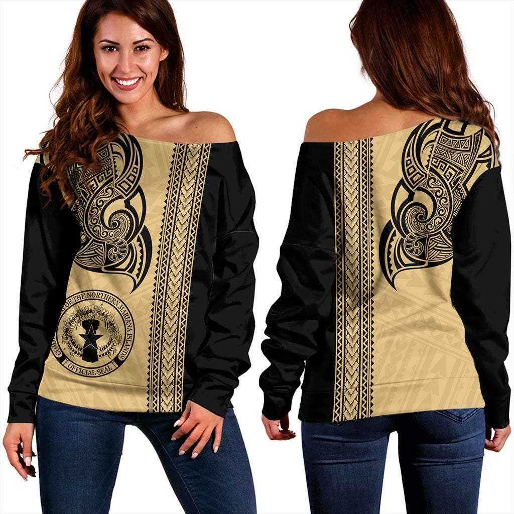 Northern Mariana Islands Off Shoulder Sweatshirt Polynesia Coat Of Arms Tribal Tattoo