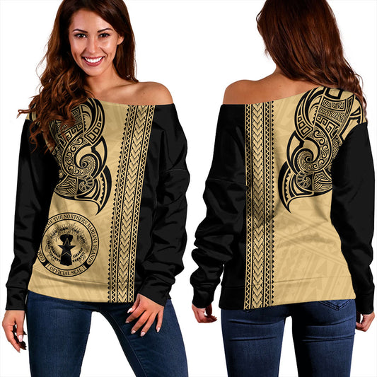 Northern Mariana Islands Off Shoulder Sweatshirt Polynesia Coat Of Arms Tribal Tattoo