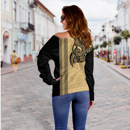 Papua New Guinea Off Shoulder Sweatshirt Tribal Tattoo PNG Gold