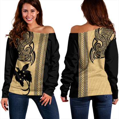Papua New Guinea Off Shoulder Sweatshirt Tribal Tattoo PNG Gold