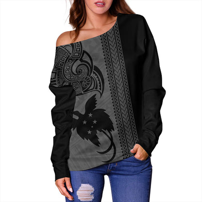 Papua New Guinea Off Shoulder Sweatshirt Tribal Tattoo PNG Gray