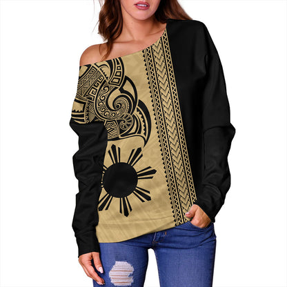 Philippines Filipinos Off Shoulder Sweatshirt Polynesia Tribal Tattoo Gold