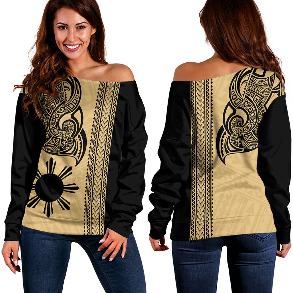Philippines Filipinos Off Shoulder Sweatshirt Polynesia Tribal Tattoo Gold