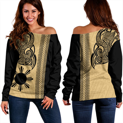 Philippines Filipinos Off Shoulder Sweatshirt Polynesia Tribal Tattoo Gold