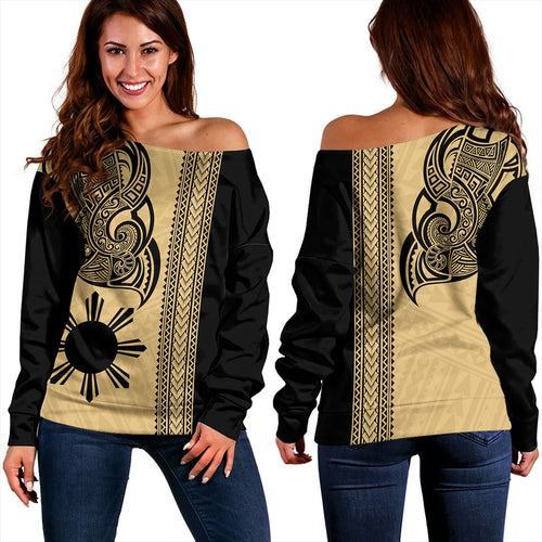 Philippines Filipinos Off Shoulder Sweatshirt Polynesia Tribal Tattoo Gold