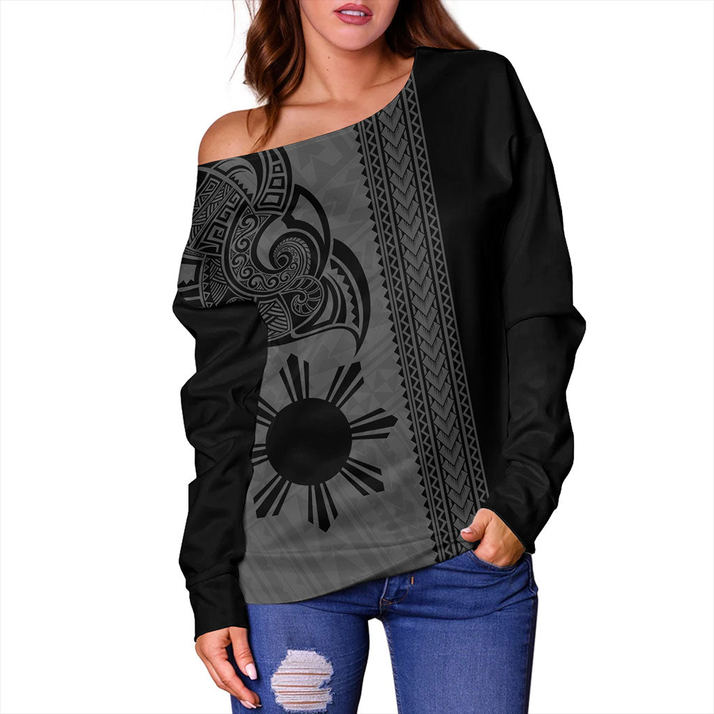 Philippines Filipinos Off Shoulder Sweatshirt Polynesia Tribal Tattoo Grey