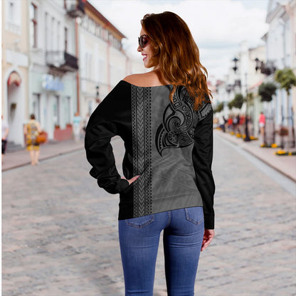 Samoa Off Shoulder Sweatshirt Polynesia Tribal Tattoo Grey
