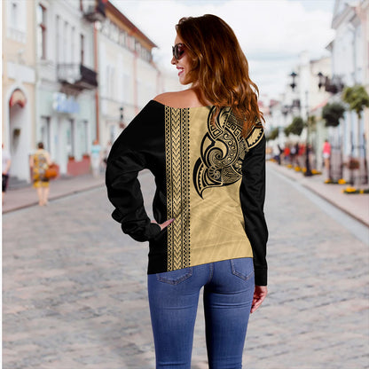 Tonga Off Shoulder Sweatshirt Polynesia Tribal Tattoo Gold