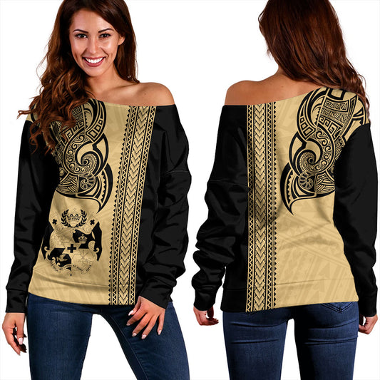 Tonga Off Shoulder Sweatshirt Polynesia Tribal Tattoo Gold
