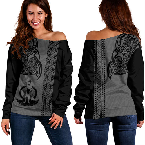 Vanuatu Off Shoulder Sweatshirt Polynesia Tribal Tattoo Grey
