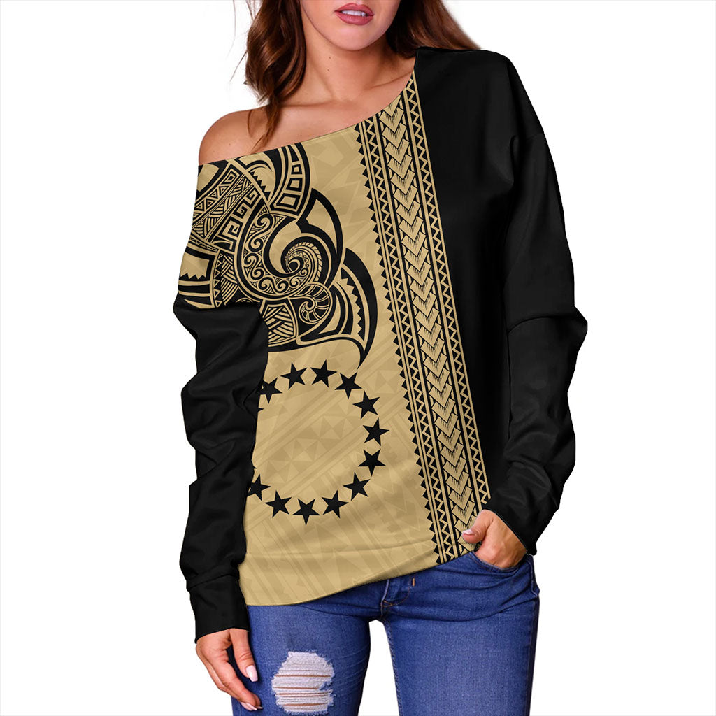 Cook Islands Off Shoulder Sweatshirt Polynesian Coat Of Arms Tribal Tattoo