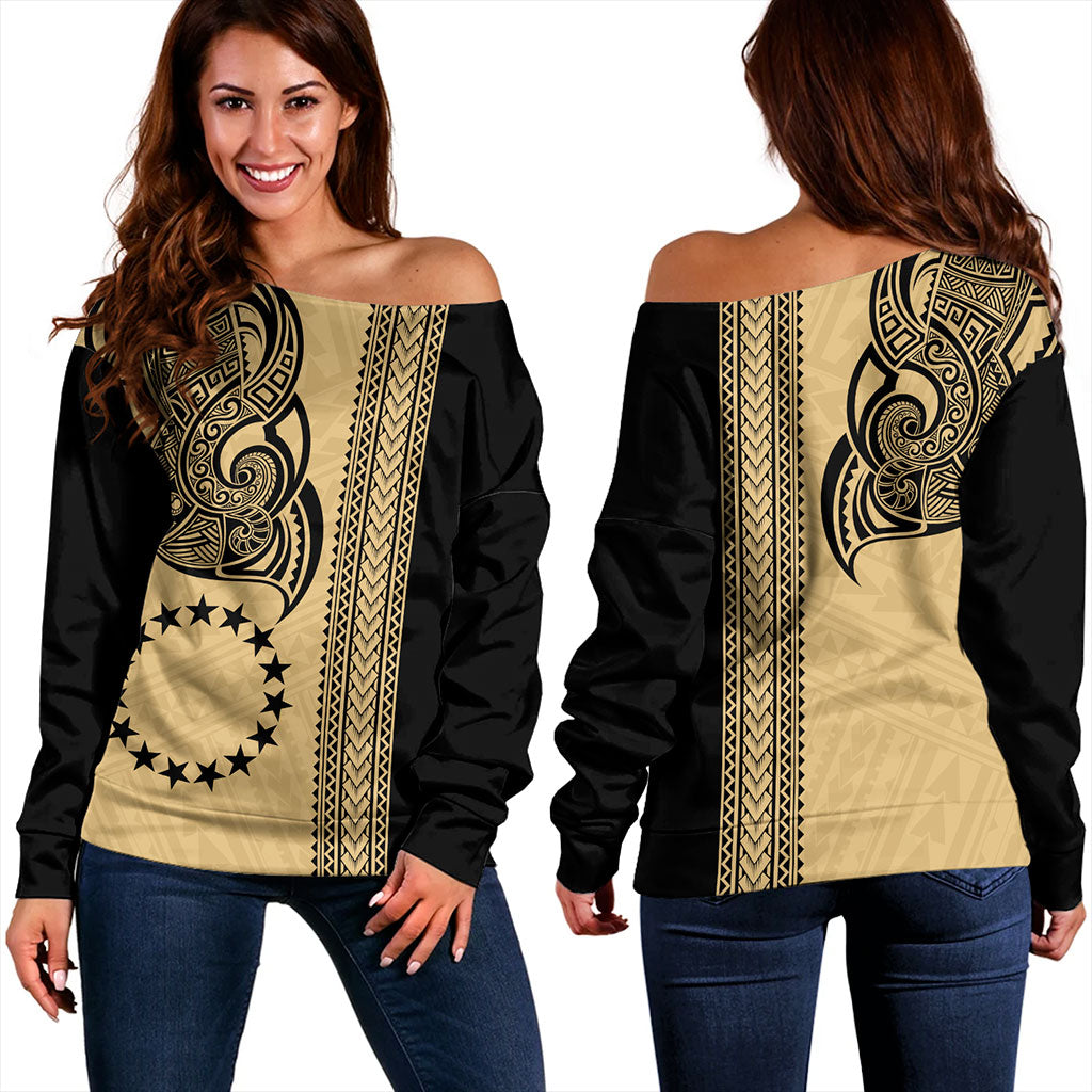 Cook Islands Off Shoulder Sweatshirt Polynesian Coat Of Arms Tribal Tattoo