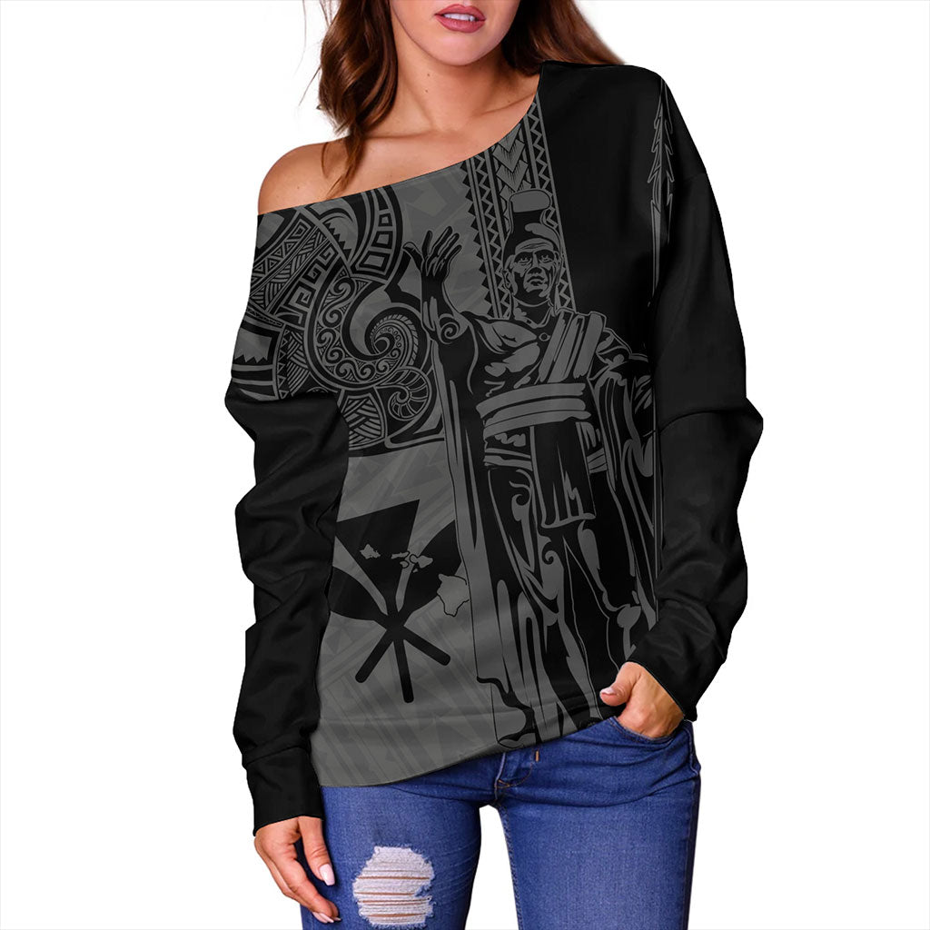 Hawaii Off Shoulder Sweatshirt Polynesian Tribal Tattoo King Kamehameha