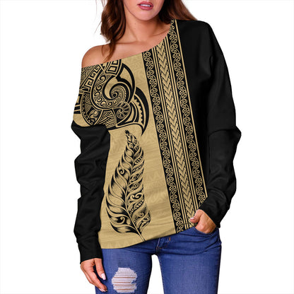 New Zealand Off Shoulder Sweatshirt Maori Tribal Silver Fern Tattoo