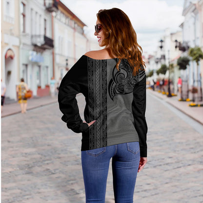New Zealand Off Shoulder Sweatshirt Maori Tribal Silver Fern Tattoo