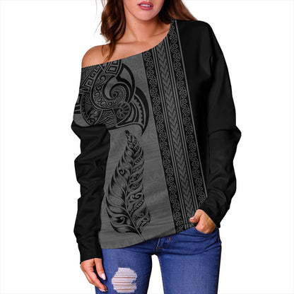 New Zealand Off Shoulder Sweatshirt Maori Tribal Silver Fern Tattoo