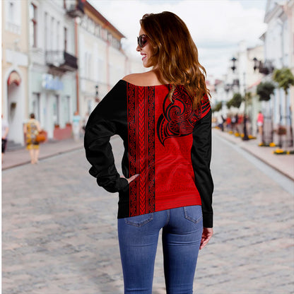 New Zealand Off Shoulder Sweatshirt Maori Tribal Silver Fern Tattoo