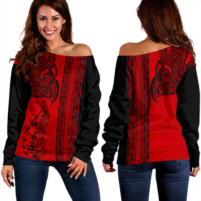 New Zealand Off Shoulder Sweatshirt Maori Tribal Silver Fern Tattoo