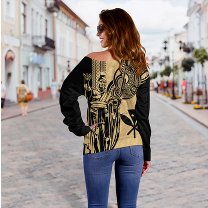 Hawaii Off Shoulder Sweatshirt Polynesian Tribal Tattoo King Kamehameha