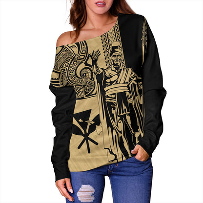 Hawaii Off Shoulder Sweatshirt Polynesian Tribal Tattoo King Kamehameha