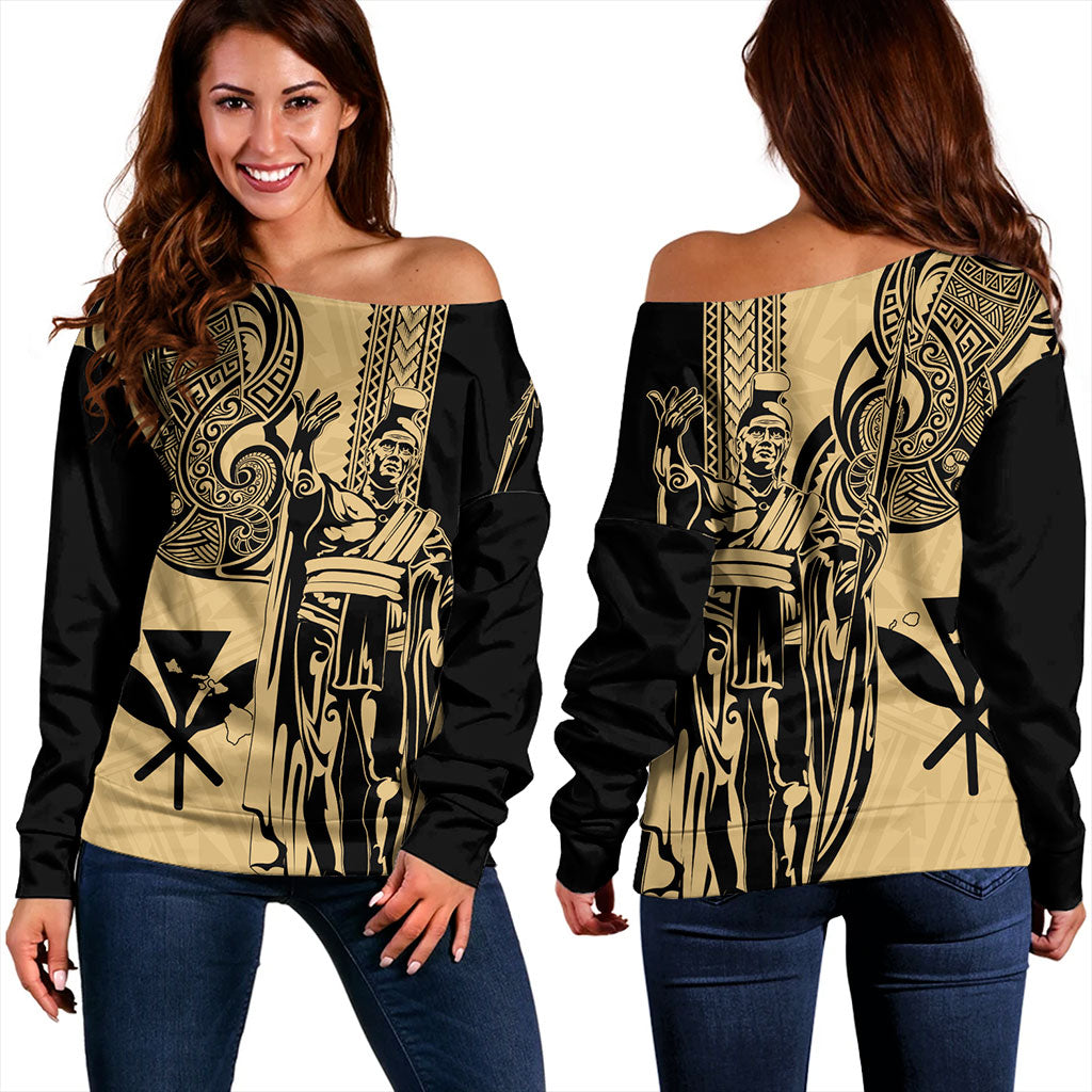 Hawaii Off Shoulder Sweatshirt Polynesian Tribal Tattoo King Kamehameha