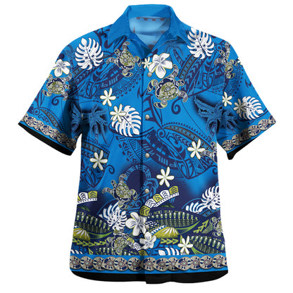 Hawaii Combo Off Shoulder Long Dress And Shirt Polynesia Floral And Tribal Islands Blue