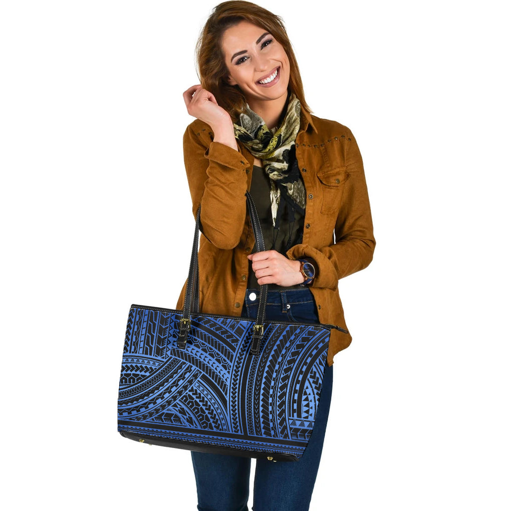 Polynesia Leather Tote Bag Pattern Tattoo Blue