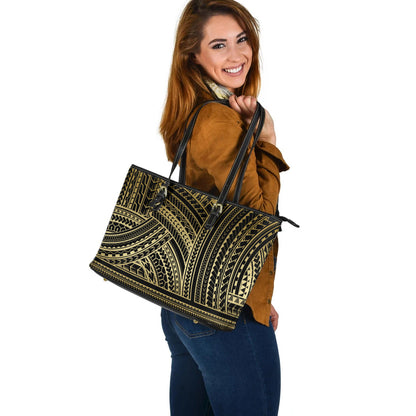 Polynesia Leather Tote Bag Pattern Tattoo Gold