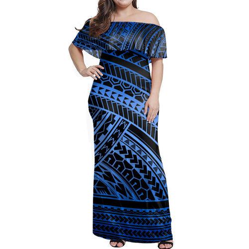 Polynesian Woman Off Shoulder Long Dress Pattern Tattoo Blue
