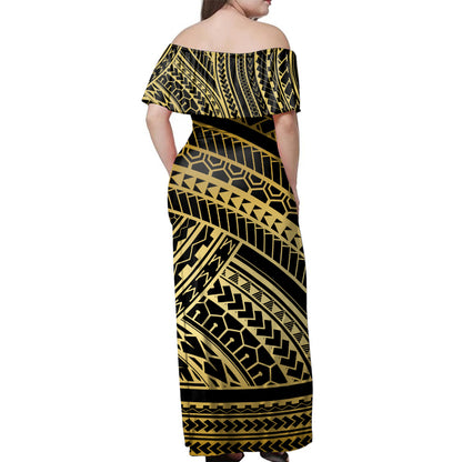 Polynesian Woman Off Shoulder Long Dress Pattern Tattoo Gold