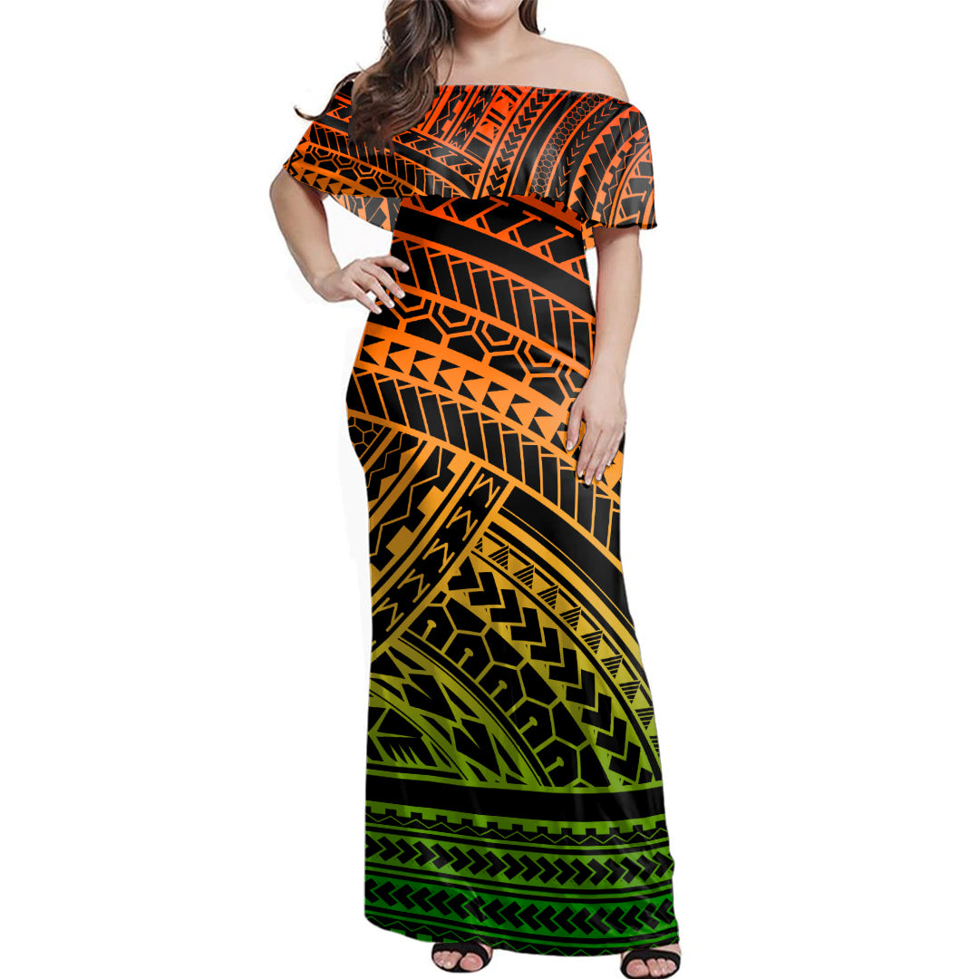 Polynesian Woman Off Shoulder Long Dress Pattern Tattoo Gradient