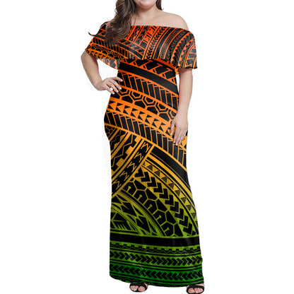 Polynesian Woman Off Shoulder Long Dress Pattern Tattoo Gradient