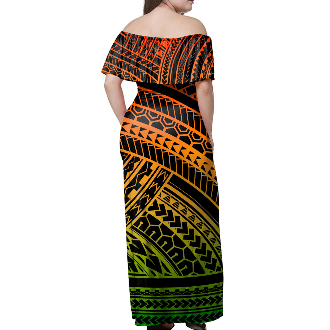 Polynesian Woman Off Shoulder Long Dress Pattern Tattoo Gradient