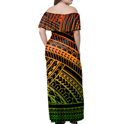 Polynesian Woman Off Shoulder Long Dress Pattern Tattoo Gradient