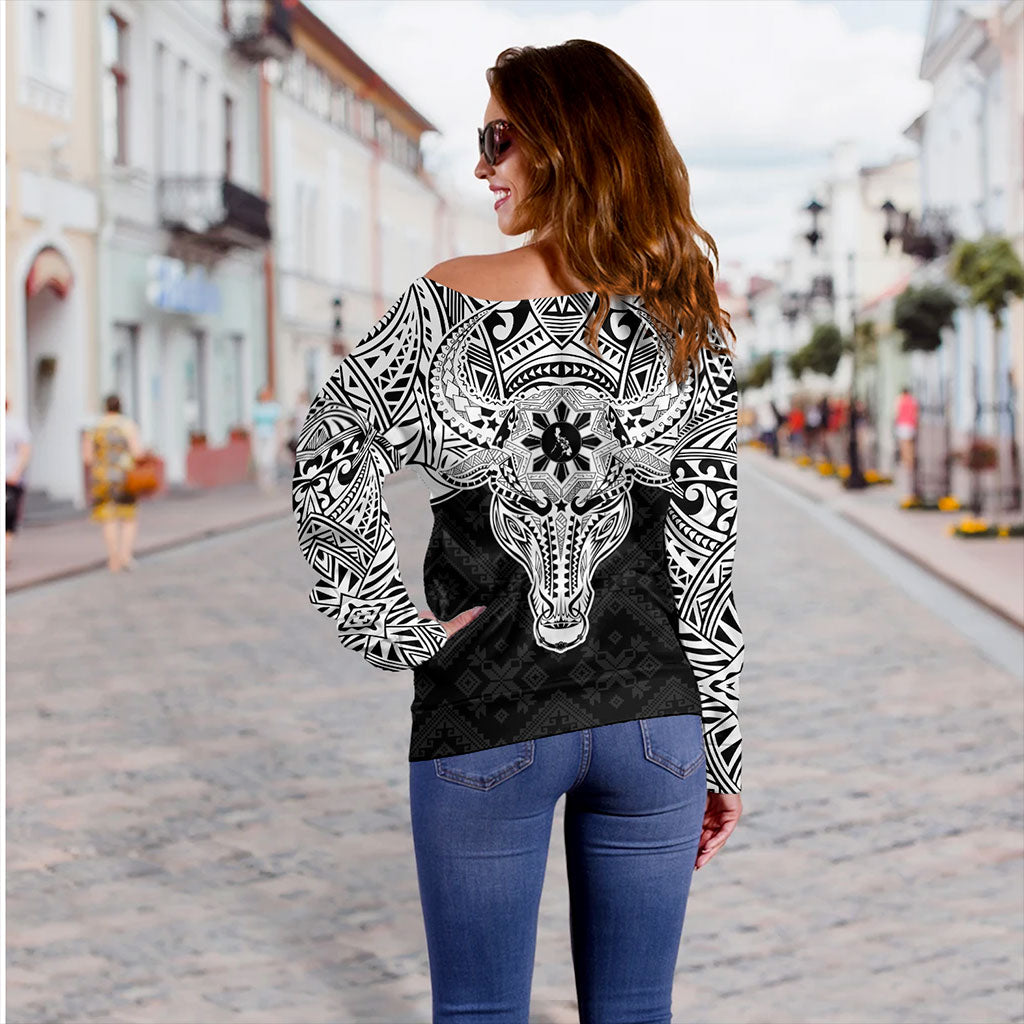 Philippines Filipinos Off Shoulder Sweatshirt Polynesian Buffalo Tapa Tribal Print