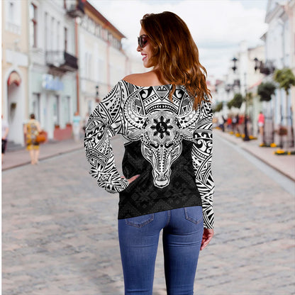 Philippines Filipinos Off Shoulder Sweatshirt Polynesian Buffalo Tapa Tribal Print