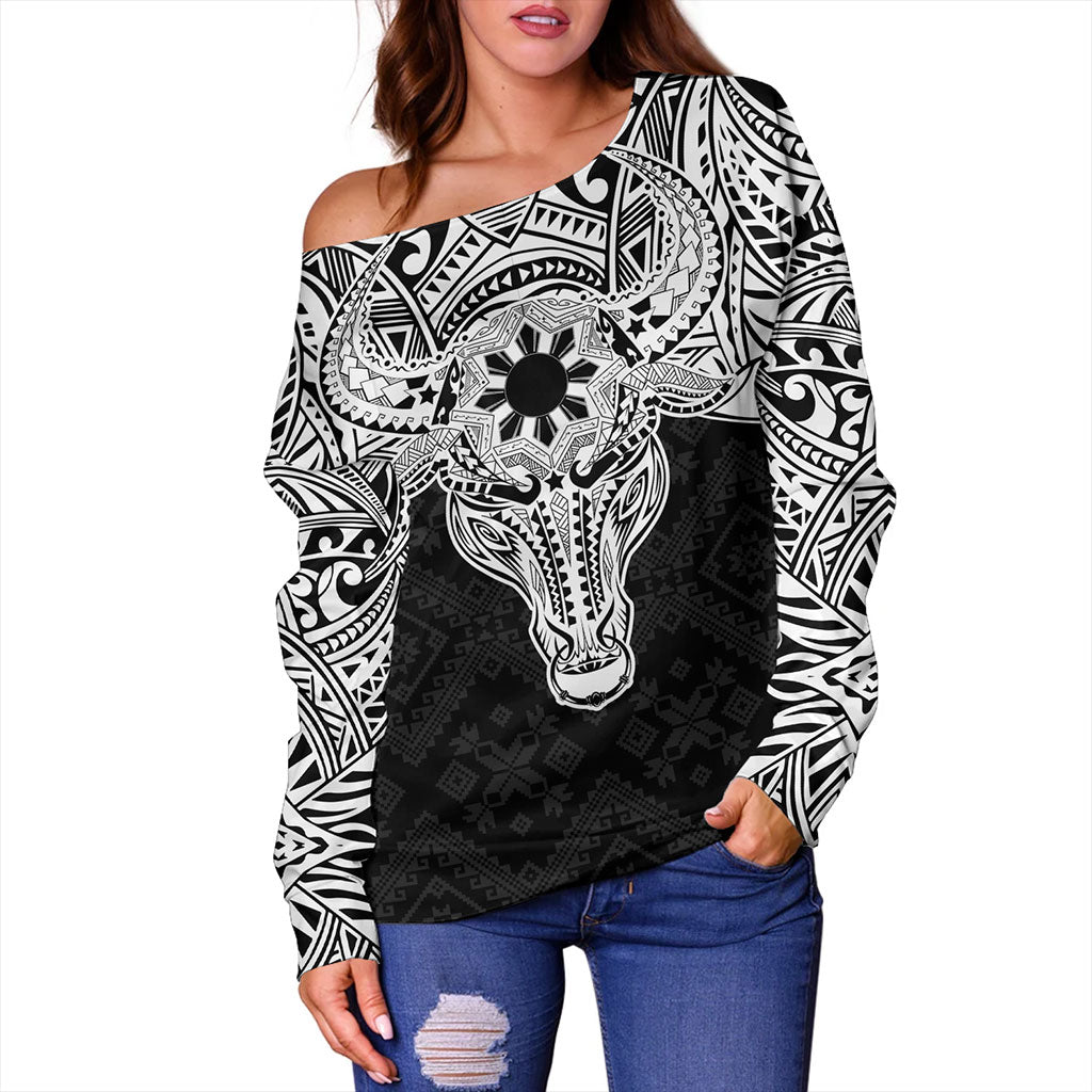Philippines Filipinos Off Shoulder Sweatshirt Polynesian Buffalo Tapa Tribal Print