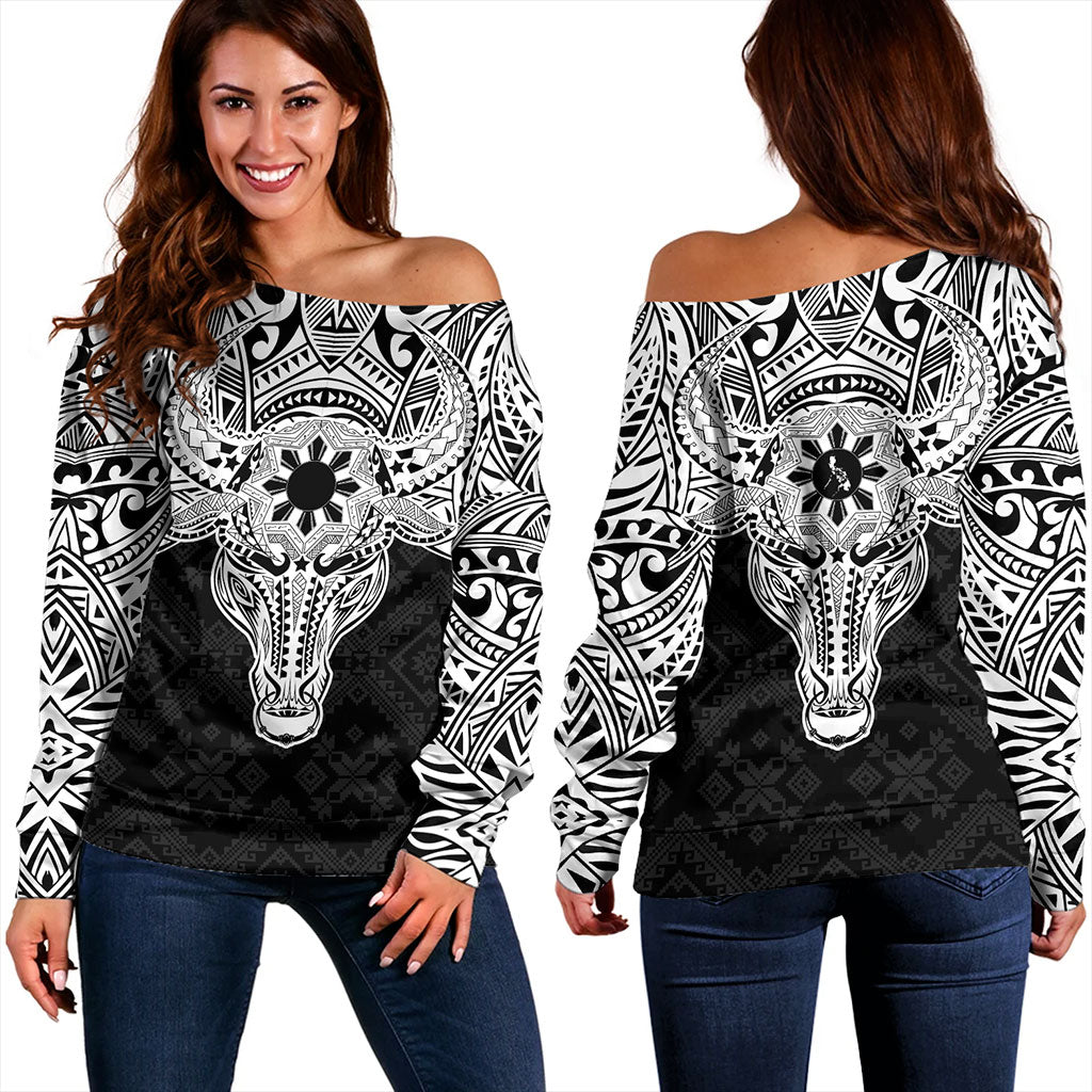 Philippines Filipinos Off Shoulder Sweatshirt Polynesian Buffalo Tapa Tribal Print