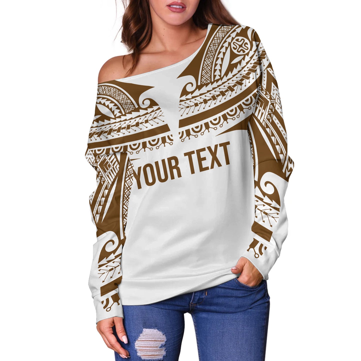 Polynesian Off Shoulder Sweatshirt Custom Polynesian Tattoo Style (Brown)
