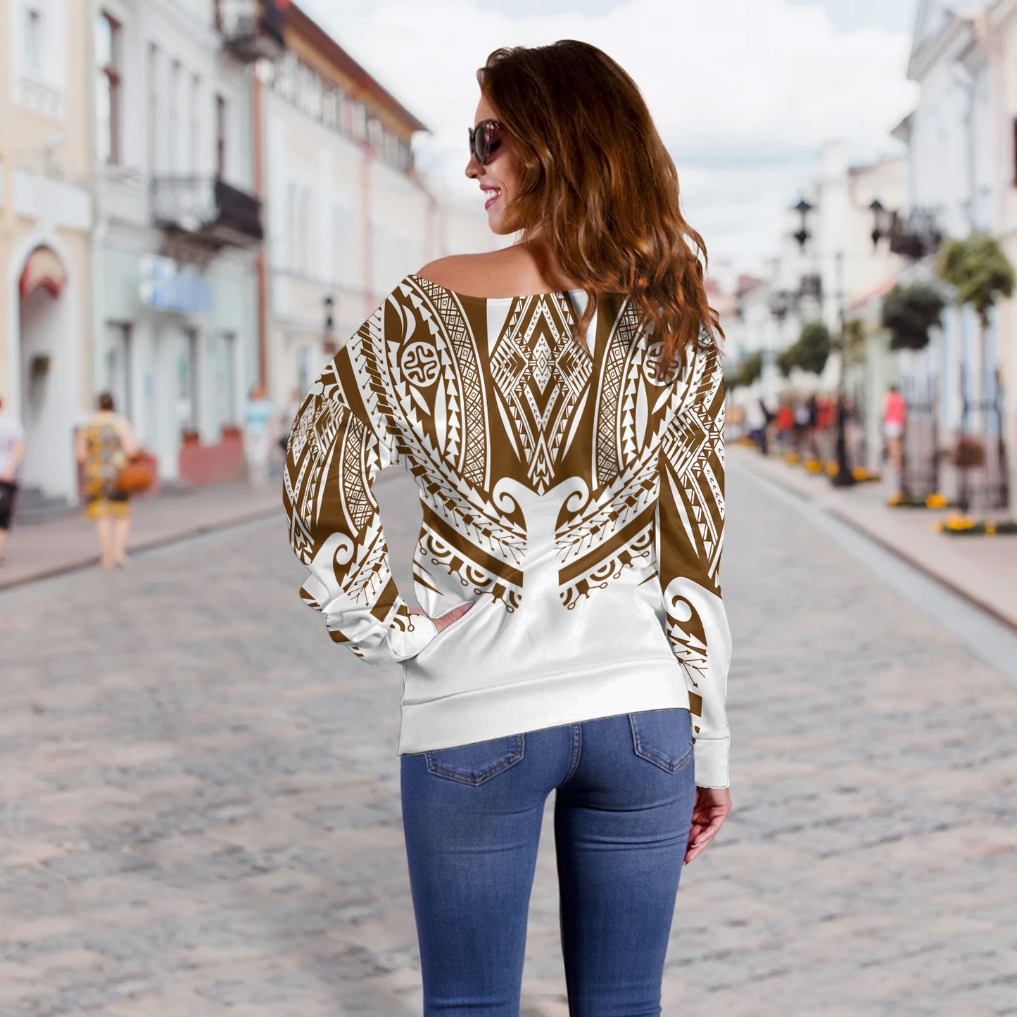 Polynesian Off Shoulder Sweatshirt Custom Polynesian Tattoo Style (Brown)