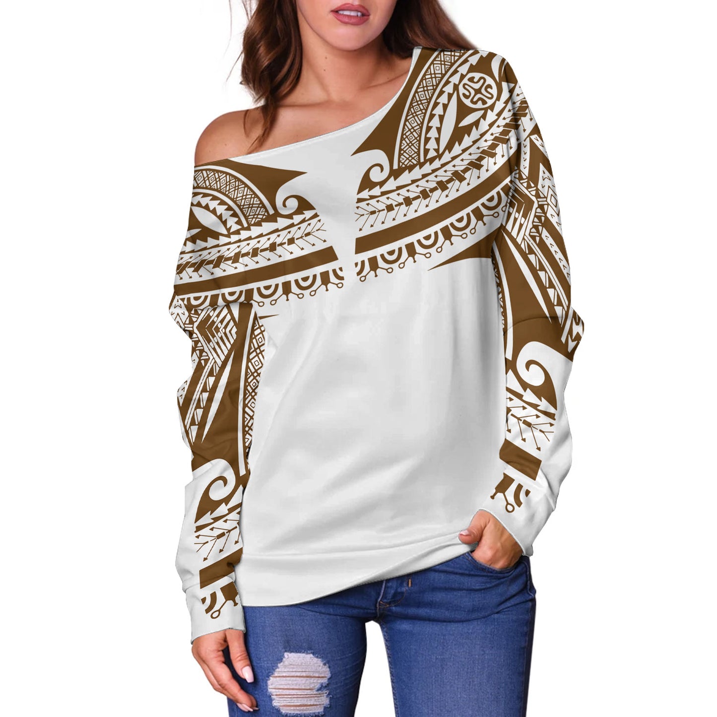 Polynesian Off Shoulder Sweatshirt Custom Polynesian Tattoo Style (Brown)