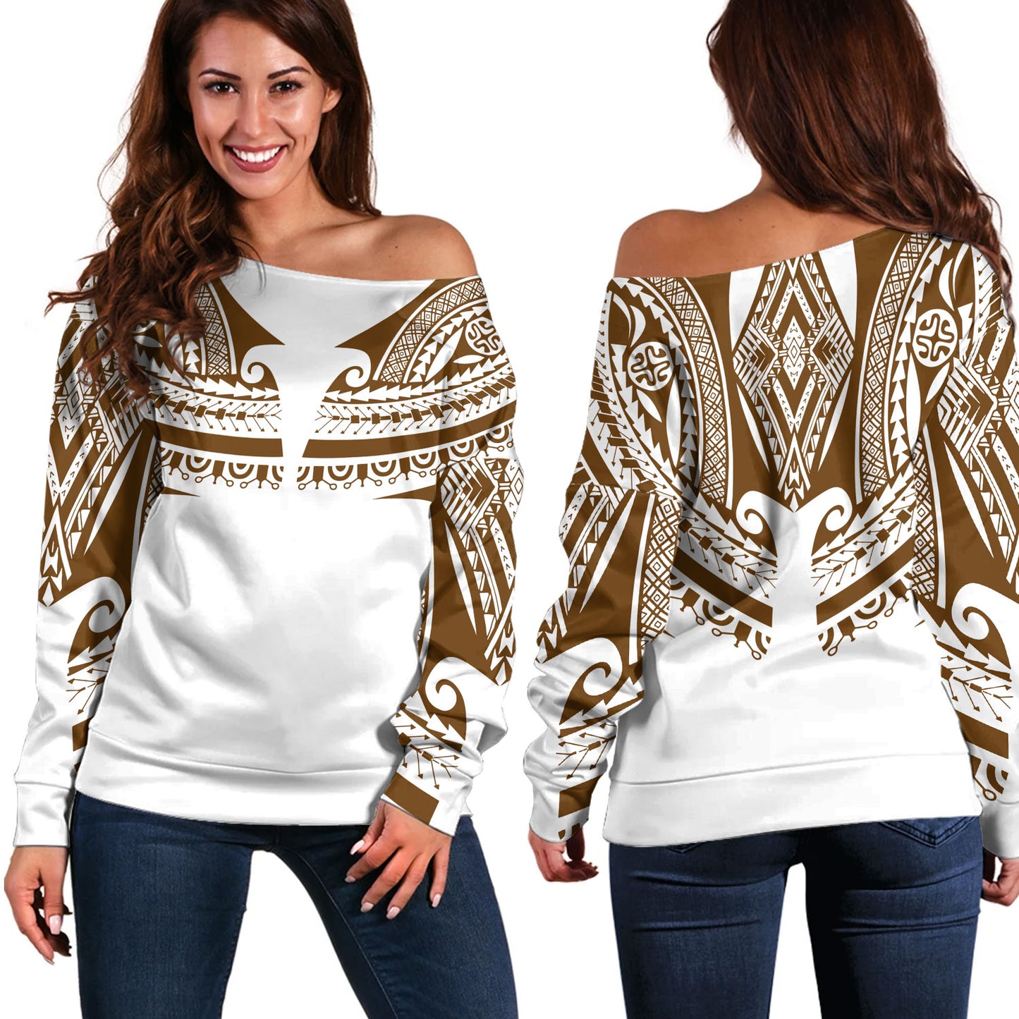 Polynesian Off Shoulder Sweatshirt Custom Polynesian Tattoo Style (Brown)